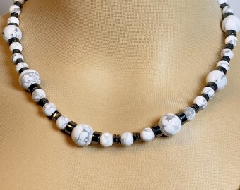 Howlite and Hematite Gemstone Beaded Necklace - Harmony & Grounding Crystal Healing, Minimalist Jewelry, Unisex Necklace, Chakra Balancing