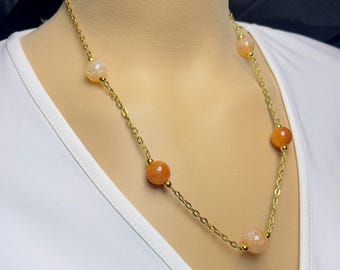 Collar de cuentas de ágata de fuego, cadena chapada en oro, joyería con piedras preciosas, producto hecho a mano