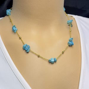 Dainty Turquoise Chip Necklace: Gold Plated Boho Jewelry