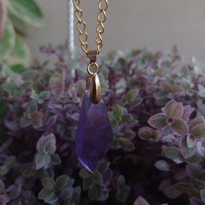 Puede incluir: Un collar de cadena dorada con un colgante de cristal morado. El colgante tiene forma de lágrima y está facetado.