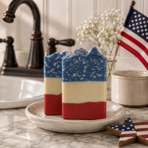 May include: Two rectangular bars of handmade soap stacked on a white ceramic dish. Each bar features three horizontal color layers: a textured dark blue top with white flecks, a solid cream middle section, and a solid red base layer.