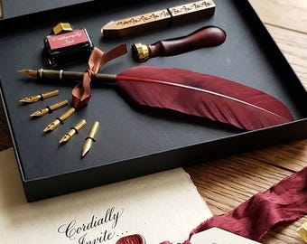 Juego de caligrafía con pluma de ave vintage / Kit de sello de cera / Pluma de inmersión con plumillas, tintero, sello de cera