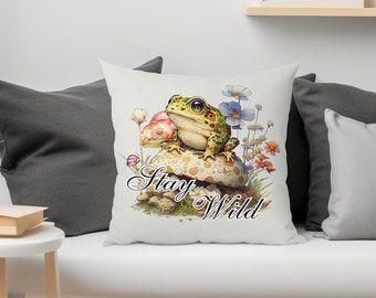 Grenouille florale vintage taie d'oreiller champignon Coussin floral aquarelle Cadeau de pendaison de crémaillère Housse de coussin