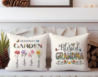 Cojín personalizado con flor de nacimiento, Jardín de la abuela, Regalo personalizado para el Día de la Madre