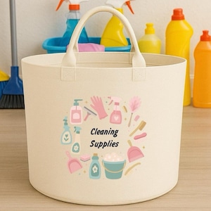 Personalised Felt Cleaning Supplies Basket, 50L Utility Room Storage Trug