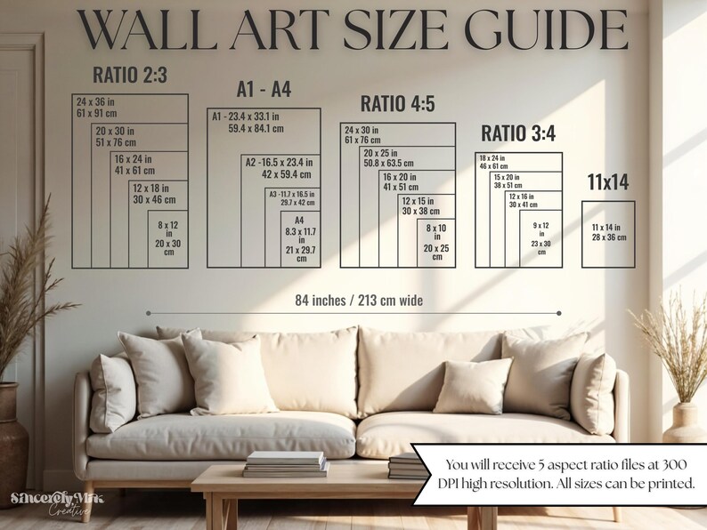 May include: Wall art size guide with dimensions in inches and centimeters. Displays ratios 2:3, 4:5, 3:4, and 11x14, with sizes like 24x36 in (61x91 cm). Includes text: "You will receive 5 aspect ratio files at 300 DPI high resolution. All sizes can be printed."