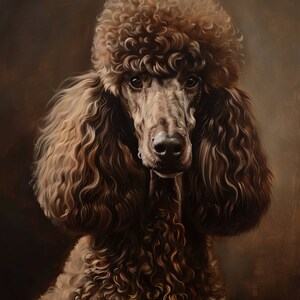 Product image of A brown standard poodle with curly fur, looking directly at the camera. The dog has a serious expression and is set against a brown background.
