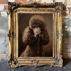 Product image of A framed oil painting of a brown poodle with a dark brown nose and eyes. The painting is set in a gold frame with ornate details.