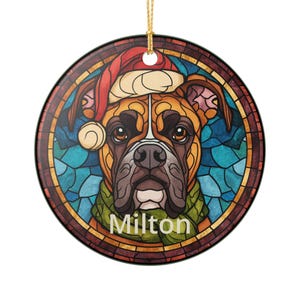 Adorno navideño de porcelana personalizado. Caja de regalo opcional. Bóxer marrón con una mancha blanca en el pecho. El regalo de Navidad perfecto para dueños de perros.