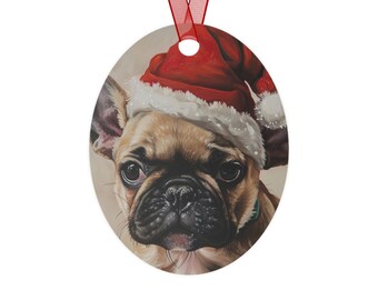 Fawn French Bulldog Puppy Christmas Ornament, Metal apx. 3 inches, printed on both sides, comes with ribbon, Frenchie Lover Gift, Holiday