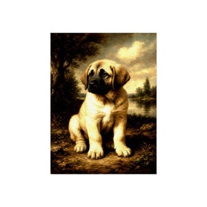 Cachorro de mastín español color beige sentado junto a un parque con ambiente de lago, regalo perfecto para amantes de los perros.