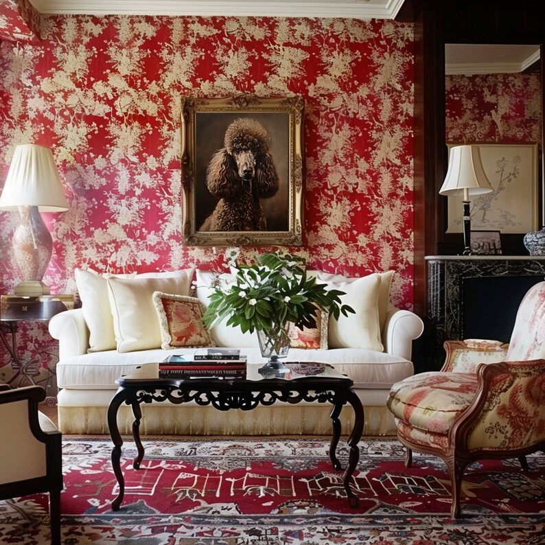 Product image of A white sofa with white pillows and a floral patterned throw pillow sits in front of a red and white floral wallpapered wall. A black coffee table with an ornate design sits in front of the sofa. A small armchair with a floral patterned fabric sits to the right of the sofa. A framed painting of a poodle hangs on the wall above the sofa.