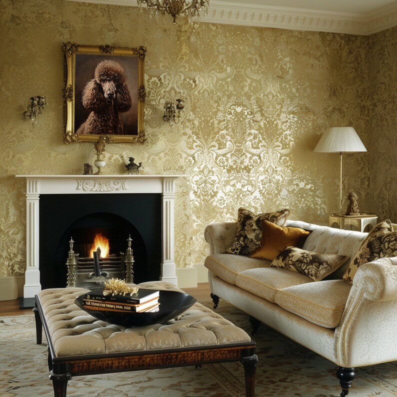 Product image of A living room with a fireplace, a couch, and a coffee table. The walls are covered in gold damask wallpaper. There is a framed picture of a dog above the fireplace.