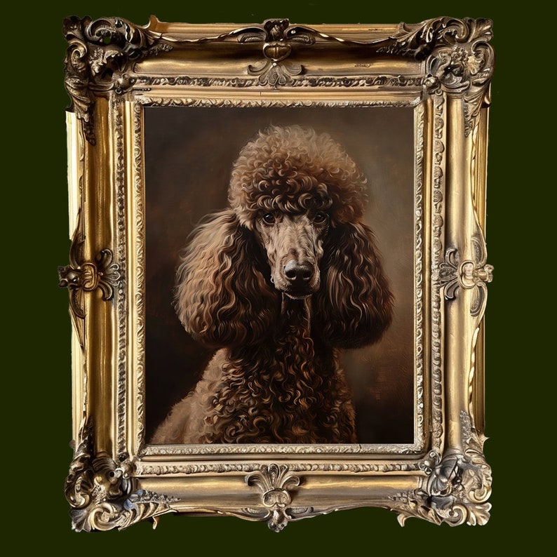 Product image of A framed oil painting of a brown poodle with curly fur. The dog is looking directly at the viewer with a serious expression. The painting is in a gold ornate frame.