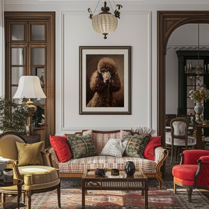 Product image of A living room interior with a brown poodle in a framed picture above a patterned sofa with red and green throw pillows. A coffee table with a vase and a book sits in front of the sofa. A lamp with a white shade sits on a side table next to a brown armchair.