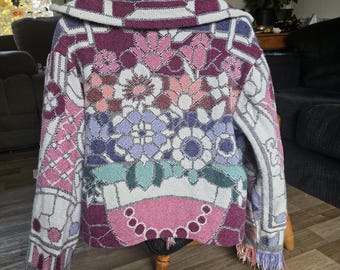 Wildflower Reverie Tapestry Jacket, Handmade Upcycled Blanket Jacket, Cropped Boho Fringe Coat, One of a Kind Clothing