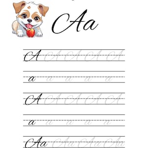 May include: A black and white worksheet featuring the letter 'A' in cursive. The worksheet provides lines for practising writing the letter 'A' in cursive. The worksheet also includes a cartoon dog holding an apple.