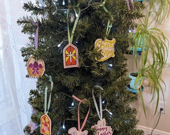 Easter Tree Ornaments - Faux Stained Glass - Religious & Holiday Mix Set of 7