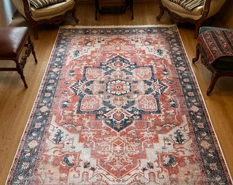 Verouderd terracotta oranje vloerkleed: boho decor chic, wasbaar zacht tapijt
