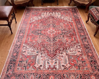 Burgundy Persian Style Rug: Vintage Distressed Floor Area Rug, Gift