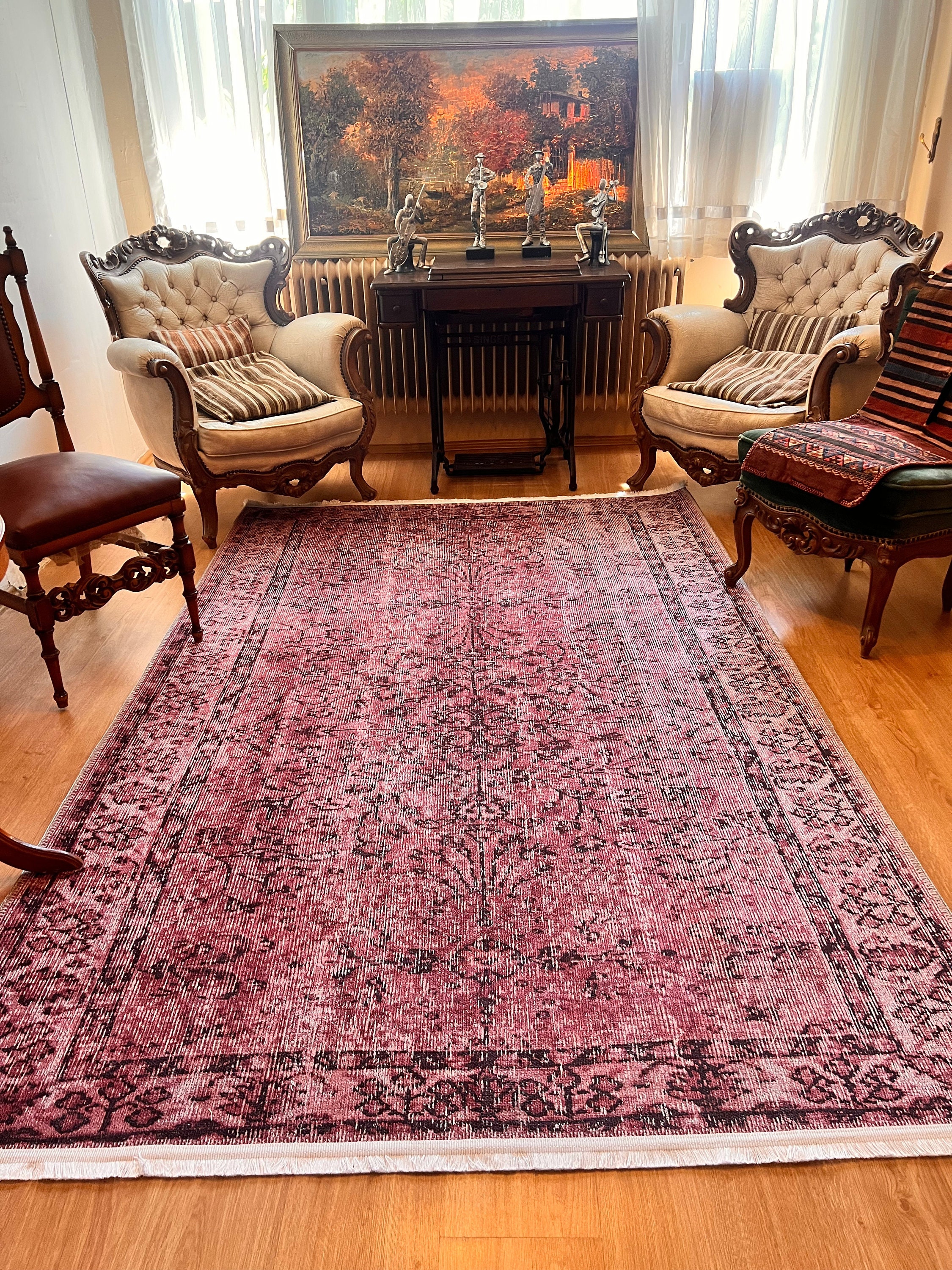 Fuchsia Color Vintage Distressed Style Rug, Antique Look Faded Fuchsia Rug, Custom Size Oriental Rug, Area Rug 8x10, Bohemian Home Decor Rug