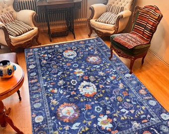 Blue Oushak Rug, Neutral Soft Blue Rug, Turkish Blue Rug 8x10, Blue Area Rugs For Living Room, Rug For Bedroom, Oriental Washable Carpet 6x9
