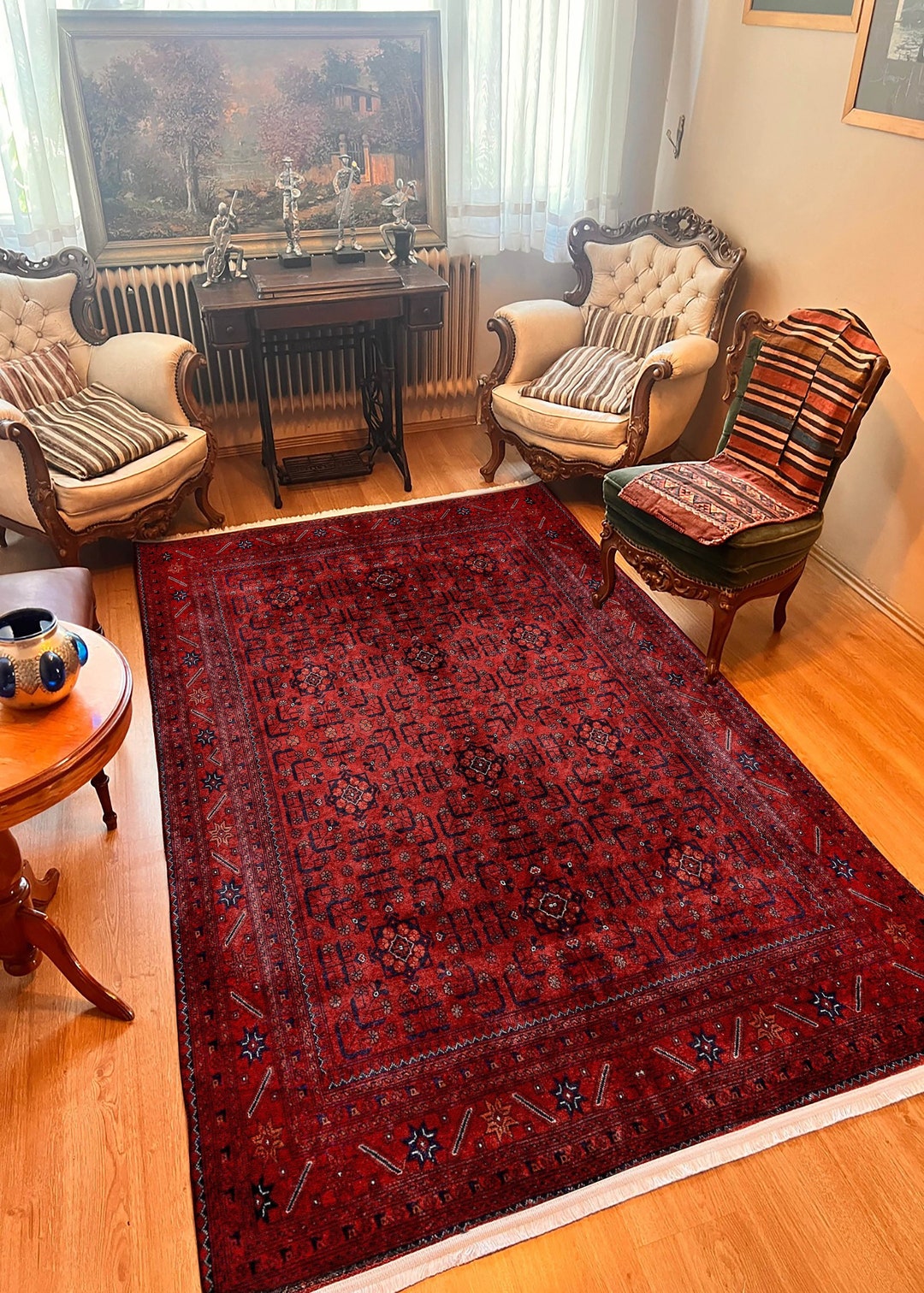 Dark Red Afghan Style Rug,traditional Bohemian Area Rug, Textured