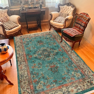Terracotta Green Turkish Rug: Distressed Floral Area Rug