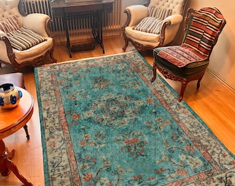 Terracotta Green Turkish Area Rug, Aesthetic Distressed Bedroom Floral Green Rug, Customizable Authentic Living Room Rug, Entrway Runner Rug