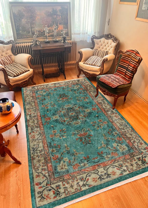 Terracotta Green Turkish Rug: Distressed Floral Area Rug