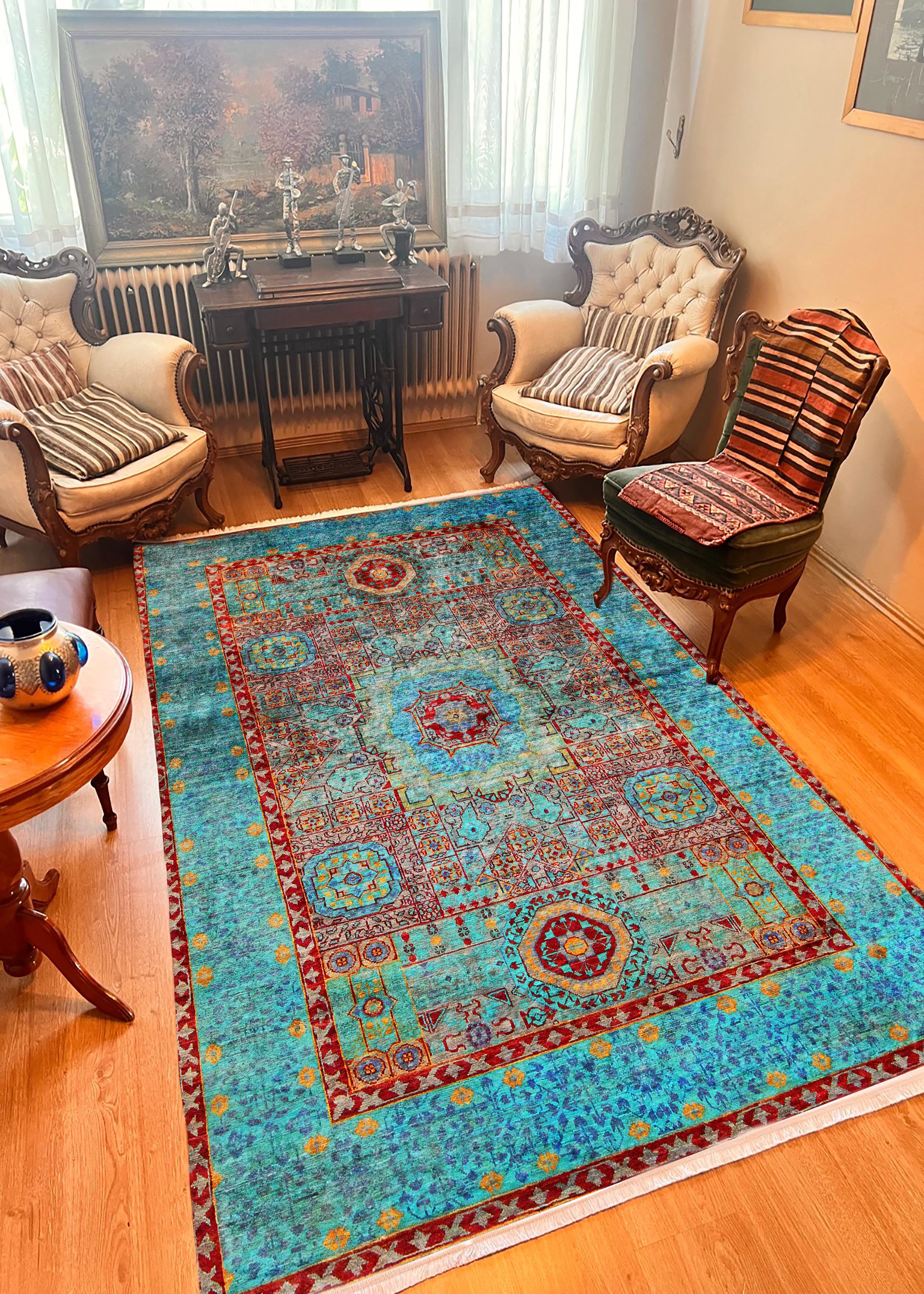 Turquoise Persian Style Area Rug: Vintage Teal Carpet, Machine