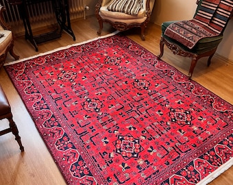 Afghansk röd matta i vintagestil 8x10: Orientalisk geometrisk matta