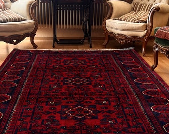 Dark Red Afghan Rug, Vintage Distressed Style, Washable Area
