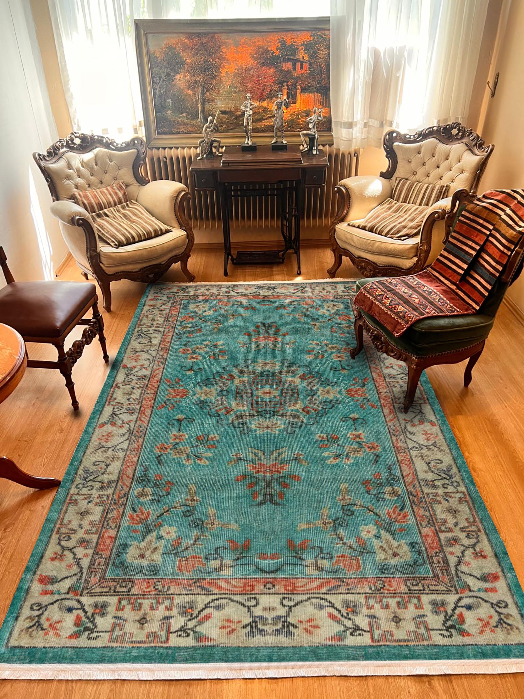 Terracotta Green Turkish Rug: Distressed Floral Area Rug