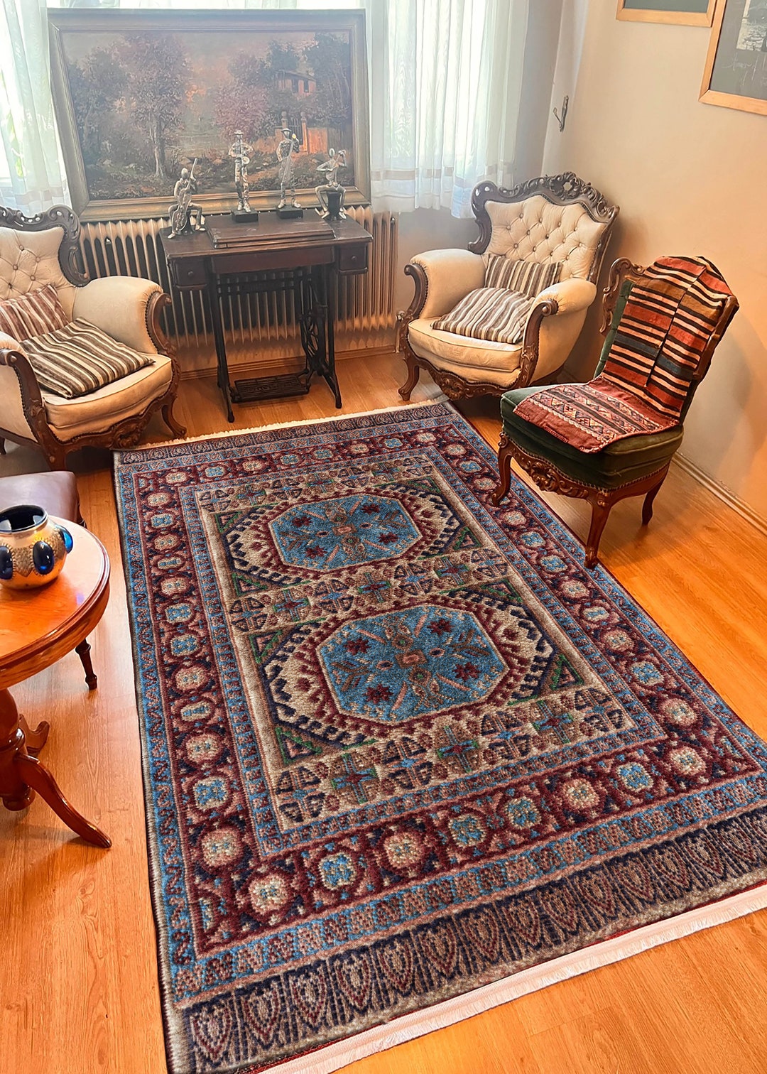 Burgundy & Blue Persian Style Rug: Vintage Geometric Carpet, Entrway ...