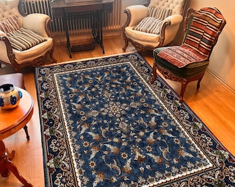 Navy Blue Floral Turkish Rug: Washable Cotton Area Carpet