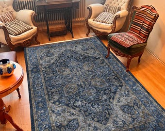 Blue Distressed Area Rug, Turkish Ethnic Carpet, Living Room Rug, Custom Size Floor Covering