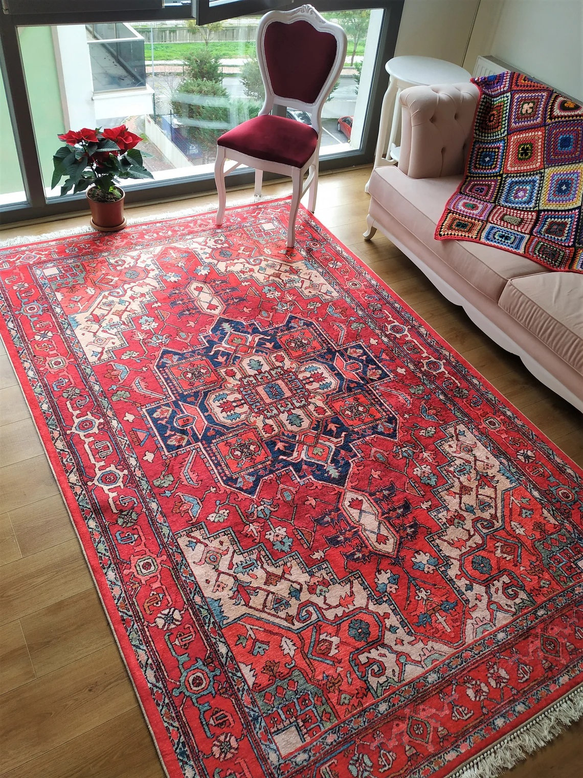 Turkish Style Red Rug: Oriental Pattern, Non-slip Washable Area