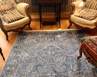 Terracotta Blue Distressed Vintage Style Rug, Mid Century