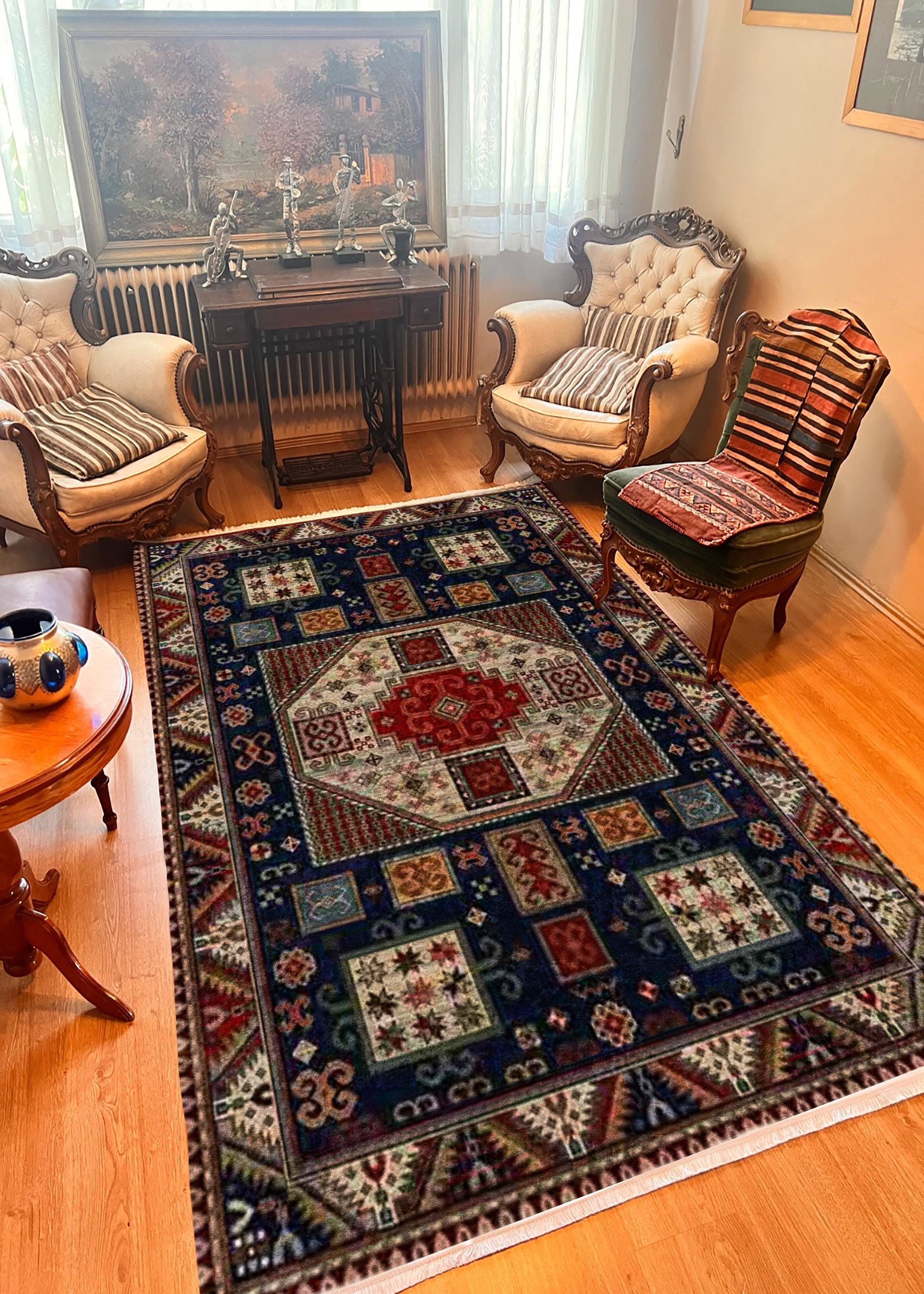 カスタム幾何学模様オリエンタルラグ：洗える滑り止めエリアカーペット