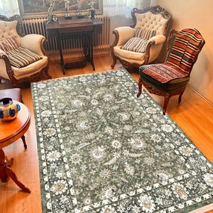 Green Floral Area Rug: Contemporary Flowers Patterned Carpet