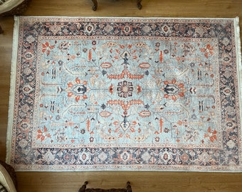 Teal Blue Distressed Rug: Vintage Persian Style Area Rug, Washable Carpet