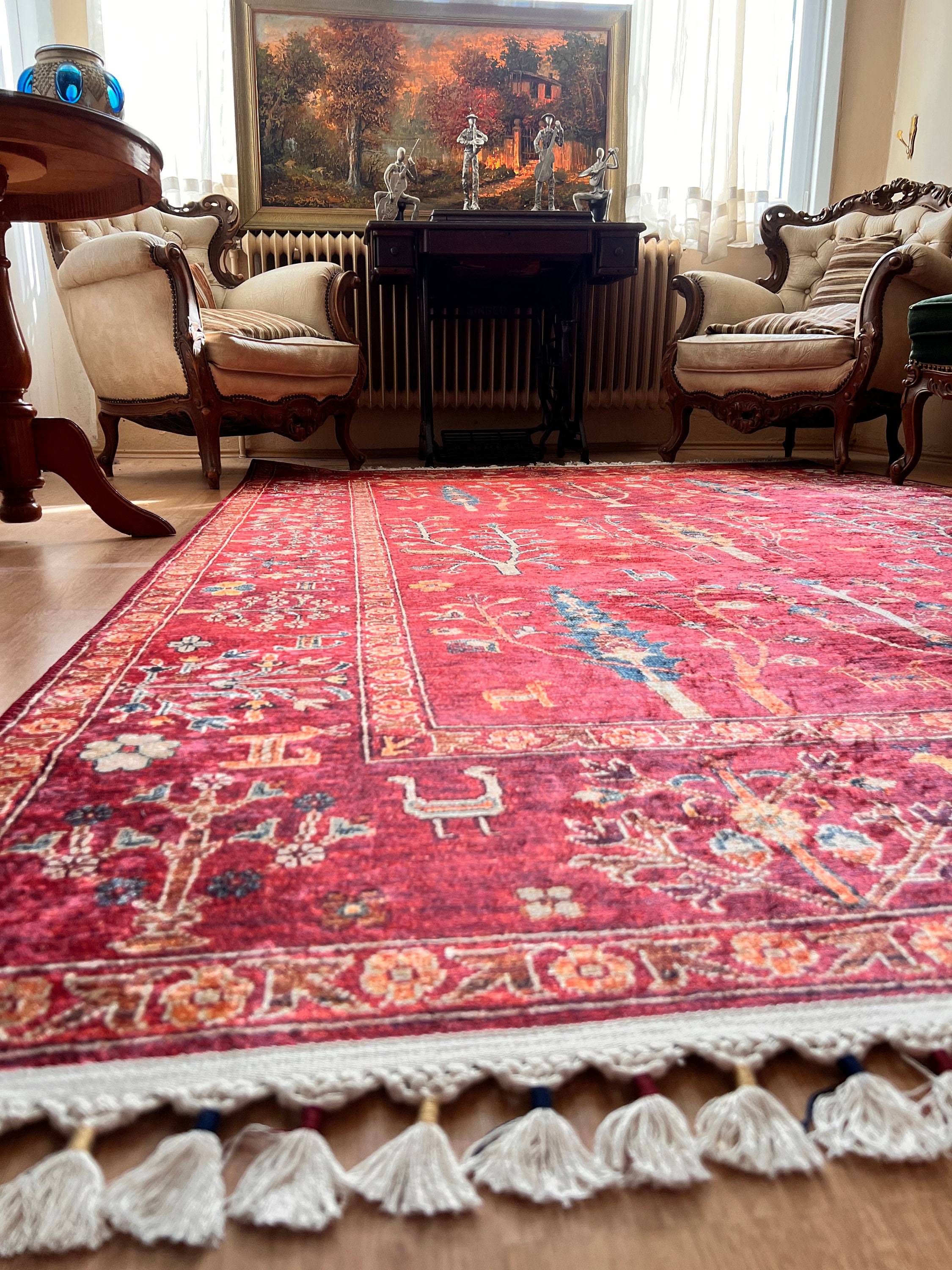 Vintage Style Red Candlestick Pattern Rug, Oriental Rug