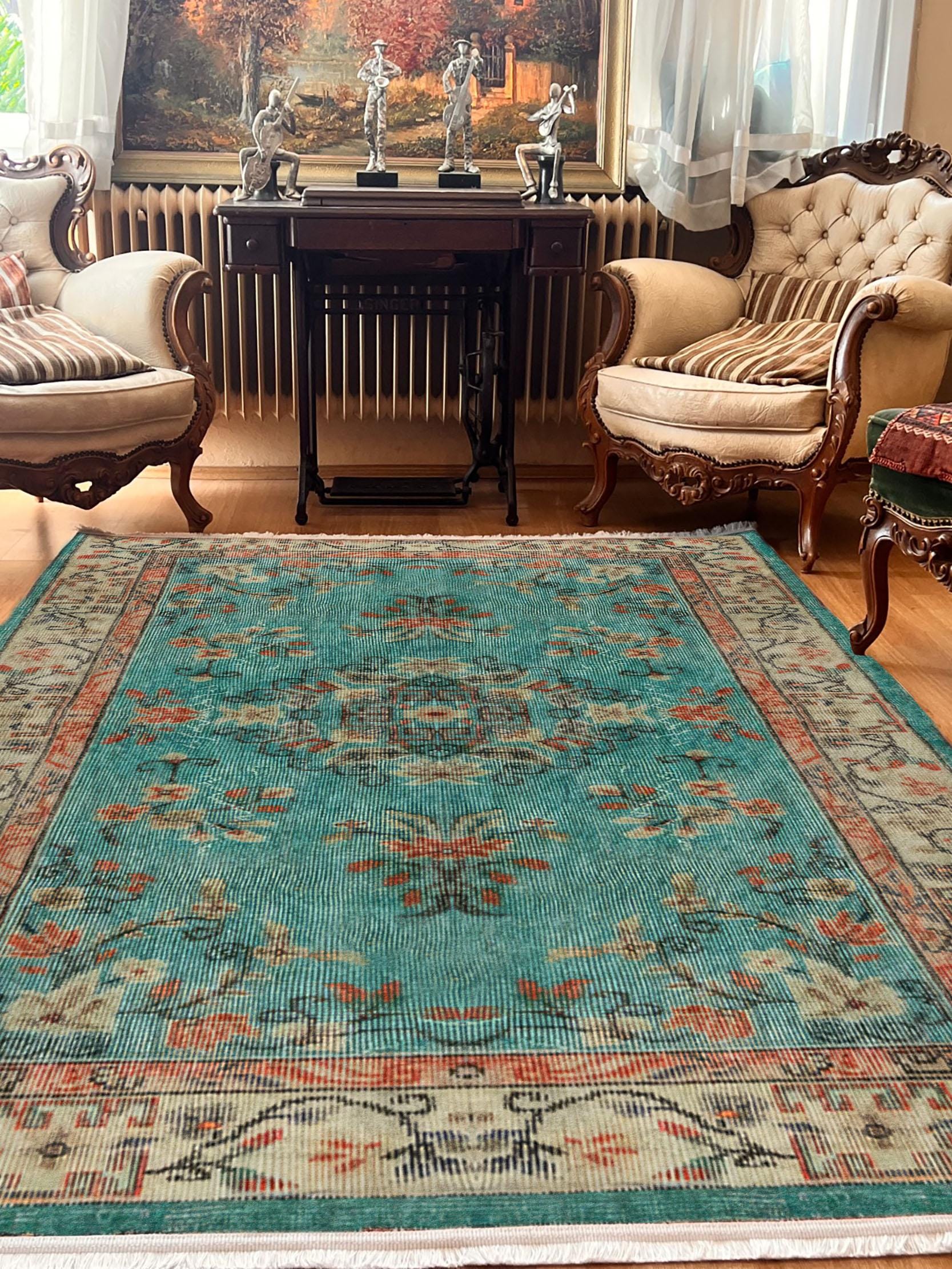 Terracotta Green Turkish Rug: Distressed Floral Area Rug