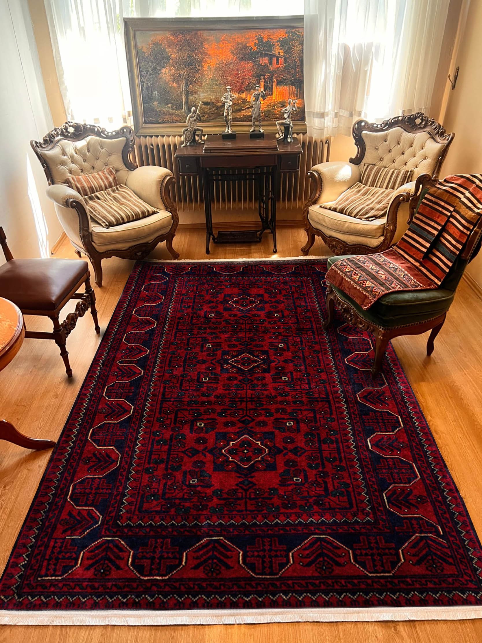 Dark Red Afghan Rug, Vintage Distressed Style, Washable Area