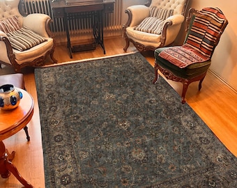 Vintage Turkish Style Area Rug: Terracotta, Green & Navy Floral Carpet