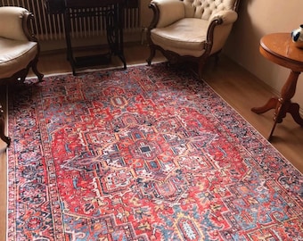 Turkish Rug 8x10,Burgundy Red And Blue Rug, Custom Size Carpet, Decorative Boho Home,  Vintage Style Area Rug For Bedroom Dining Living Room