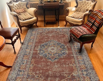Terracotta Brown Distressed Boho Rug, Turkish Vintage Oriental Style Area Kilim, Durable and Elegant, Ideal for Living Room, Bedroom, Carpet