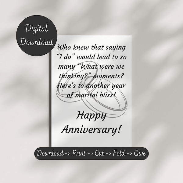 Printable Happy Anniversary Card, Funny Romantic Card, Envelope Template, 5x7, Digital Download, Card for Husband Wife, Snarky Anniversary
