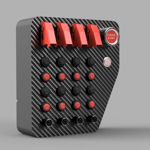 May include: A black panel with a carbon fiber pattern and multiple red buttons. There are five red toggle switches at the top and a red button labeled "ENGINE START" on the right side.
